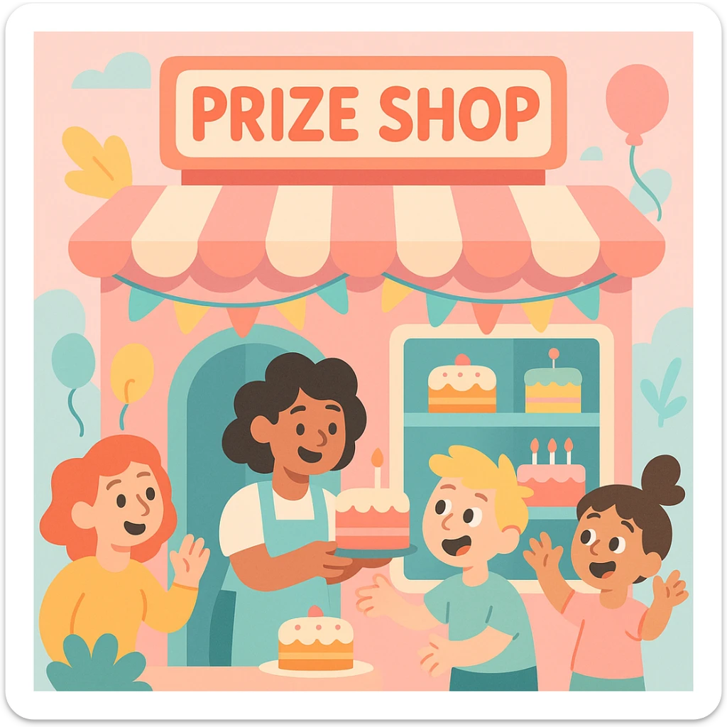 pastel pink cake shop with a 'Prize Shop' sign above the entrance, surrounded by pastel decorations, cakes on display, light and airy pastel illustration style sticker