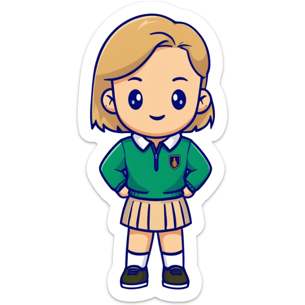 girl in a school uniform wearing a green polo, beige skirt, grey zipper jacket sticker