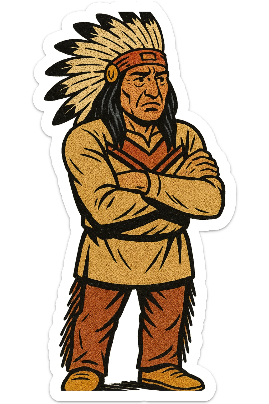 The full body of A native American Indian chief from the 1800s standing looking concerned with his arms crossed sticker