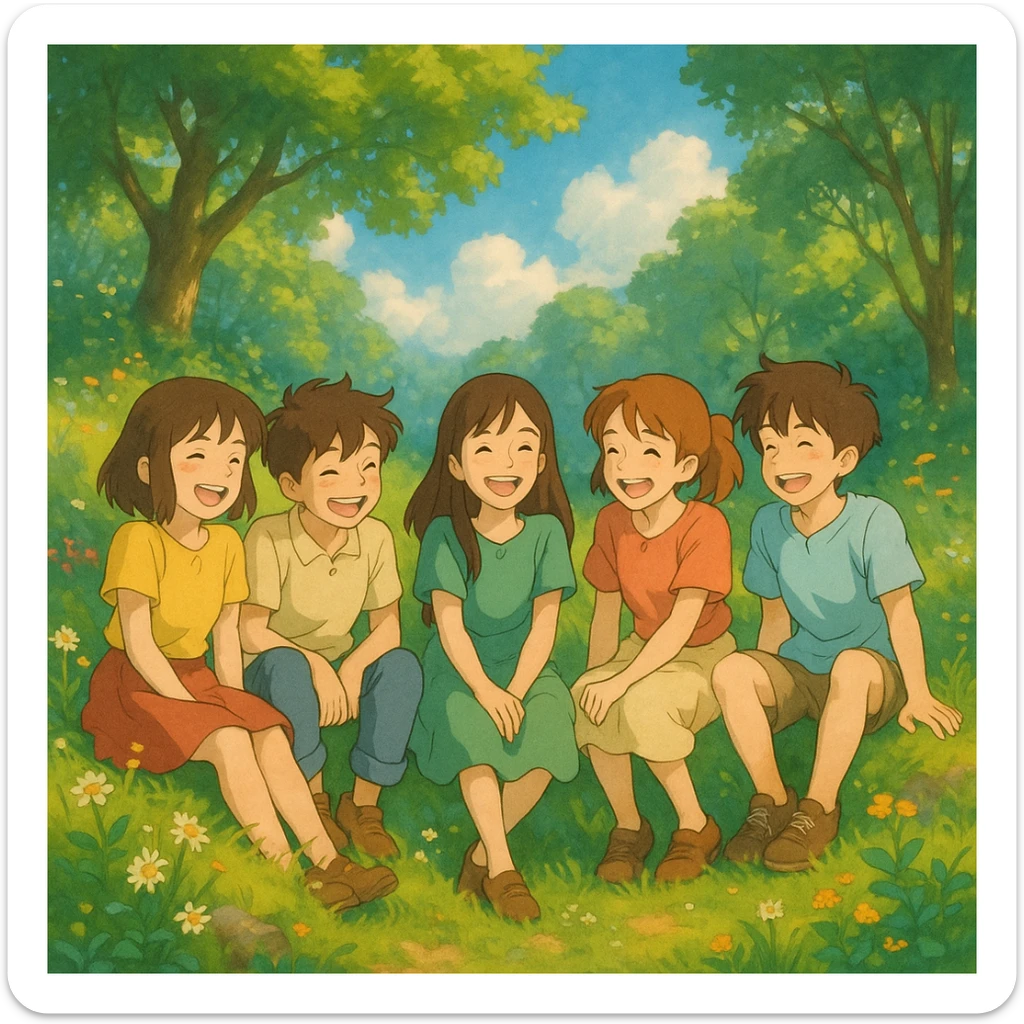 Three girls and two boys sitting together on a grassy hill, smiling and laughing, in a Ghibli-style scene with lush backgrounds and magical atmosphere. sticker