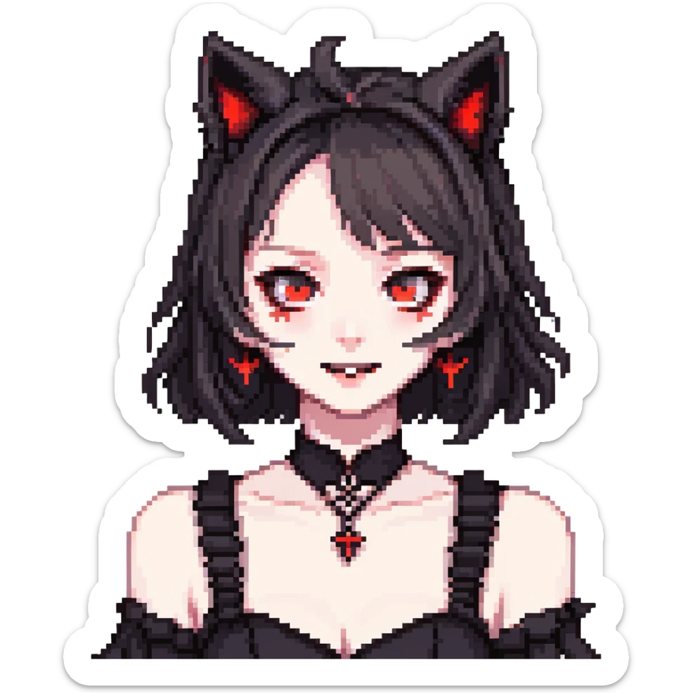 neko anime girl emoji, gothic black dress, glowing red eyes, fanged smirk, pale skin, cat ears, dark vibe sticker