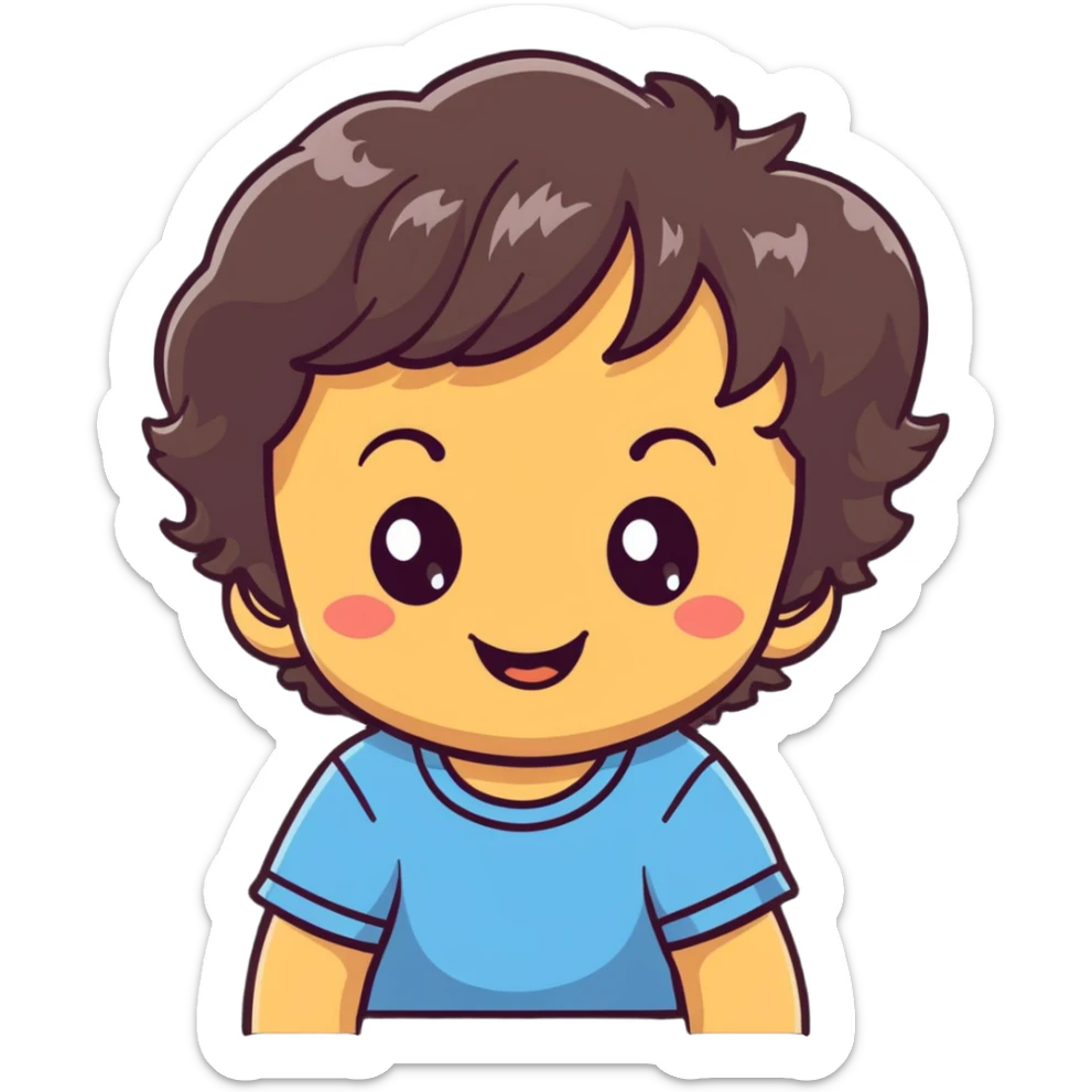 happy smiling toddler face with big eyes, medium skin tone, and dark wavy hair sticker