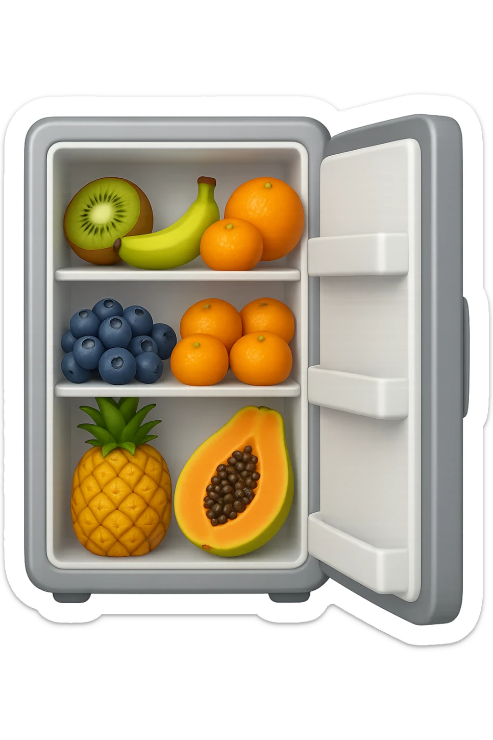 emoji stile iphone di un frigo aperto con dentro ben visibili questi alimenti: Kiwi
Banana acerba
Arance e mandarini
Mirtilli
Ananas
Papaya
IPERREALISTICO 4K sticker