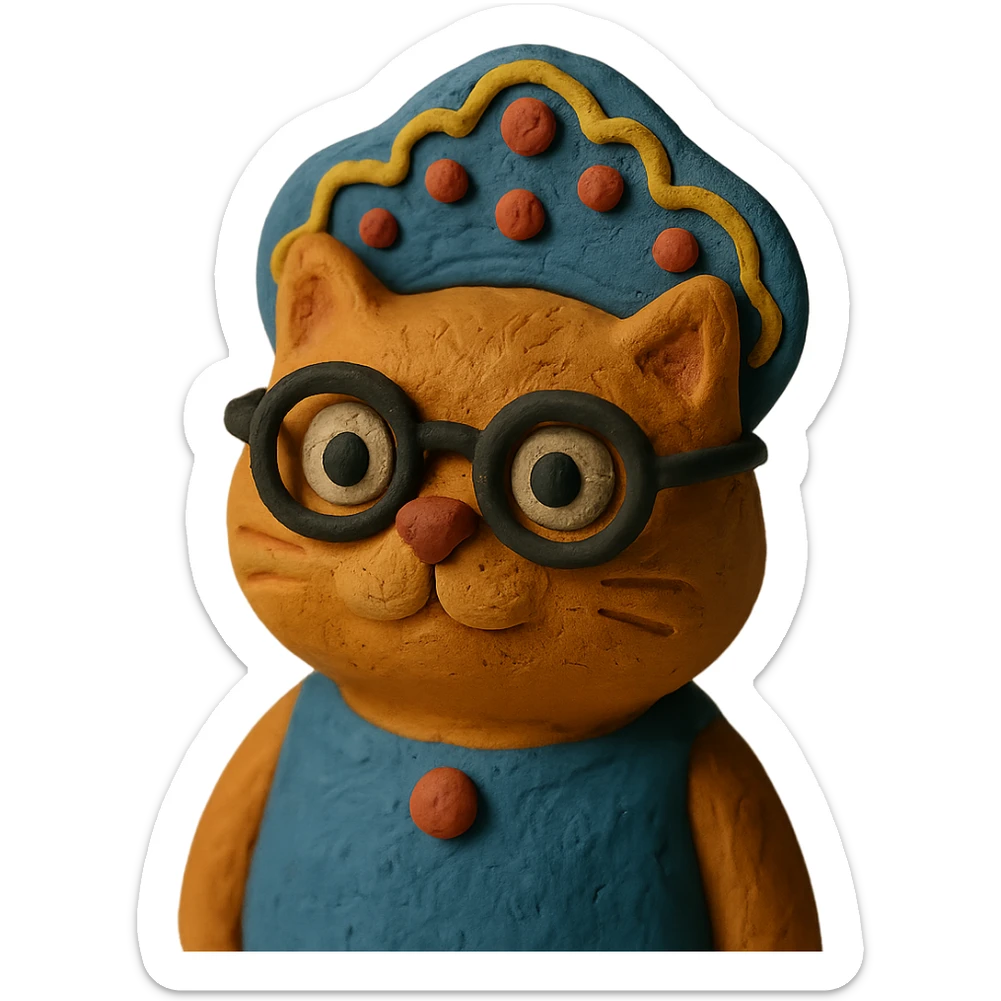 A cat wearing glasses and a traditional Russian kokoshnik, textured and whimsical. sticker