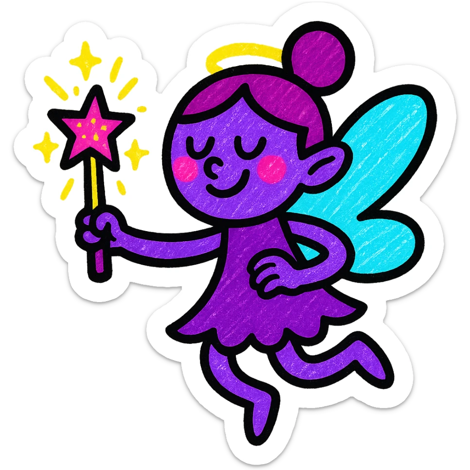 stylized purple fairy holding a glittering magic wand, cartoon logo, elegant and mature sticker