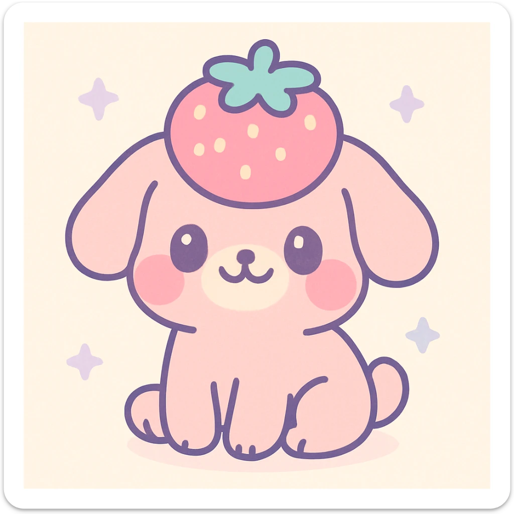 strawberry dog sitting, strawberry crown for hair, chubby cheeks, smiling, kawaii style sticker