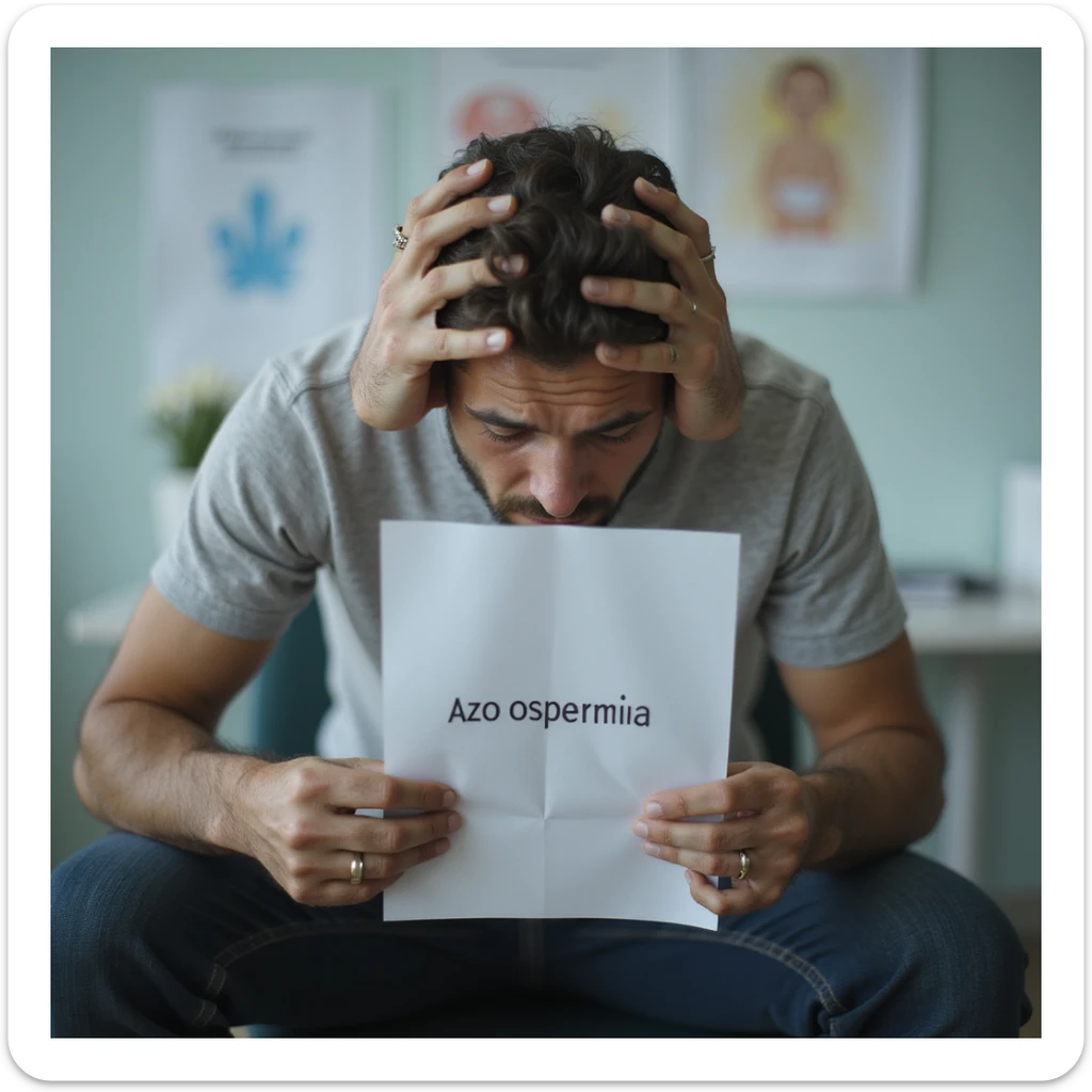 hyperrealistic 4K image of a man in his 30s sitting in a urologist's office, holding semen analysis paper with 'azoospermia' visible, head in hands, devastated expression, fertility posters on wall, clinical setting sticker