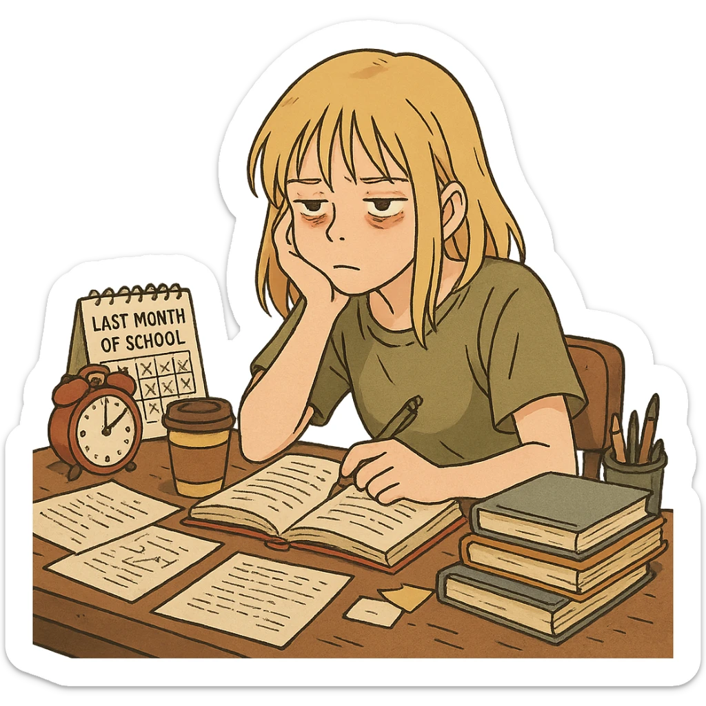 ghibli style blonde straight-haired girl in survival mode, cluttered desk, tired eyes, last month of school sticker