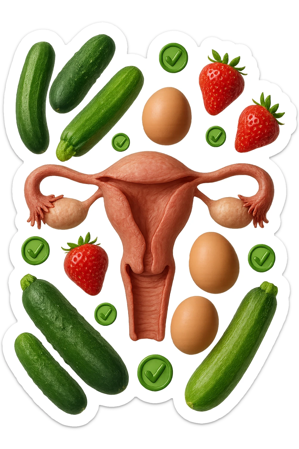 zucchine, cetrioli, fragole, uova fluttuano insieme ad un utero umano realistico anatomico e a piccole spunte verdi di "verificato" 3d, IPERREALISTICO 4K sticker