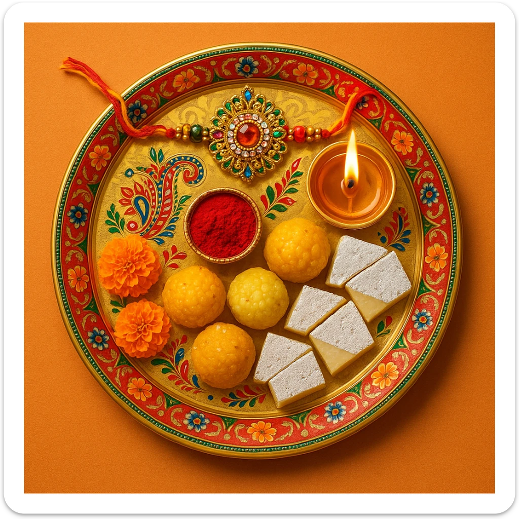 A decorative rakhi thali with traditional Indian motifs, including a rakhi, diya, sweets, and kumkum, vibrant and festive style sticker