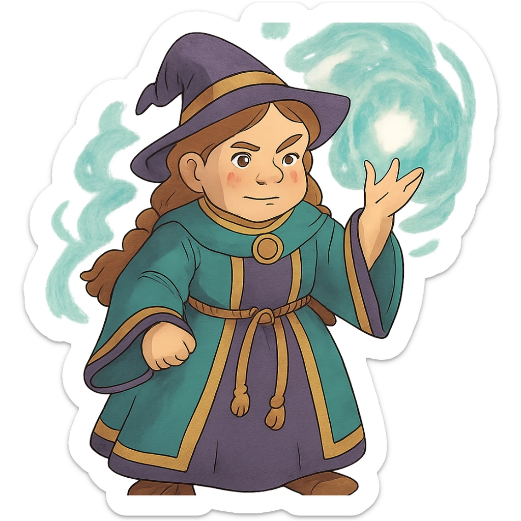 ghibli style female dwarf sorcerer from DnD, fantasy robes, magical aura sticker