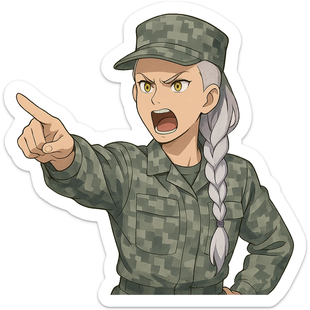Style of Anime, 1 female, gold yellow eyes, white hair lavender tips, locks in front, mohawk, long white braid, she is a drill sergeant at work, focused facial expression, shouting command, eyes looking down in front of her, pointing a blade hand gesture to the forward direction, uniform of gray large scale digital camo sticker
