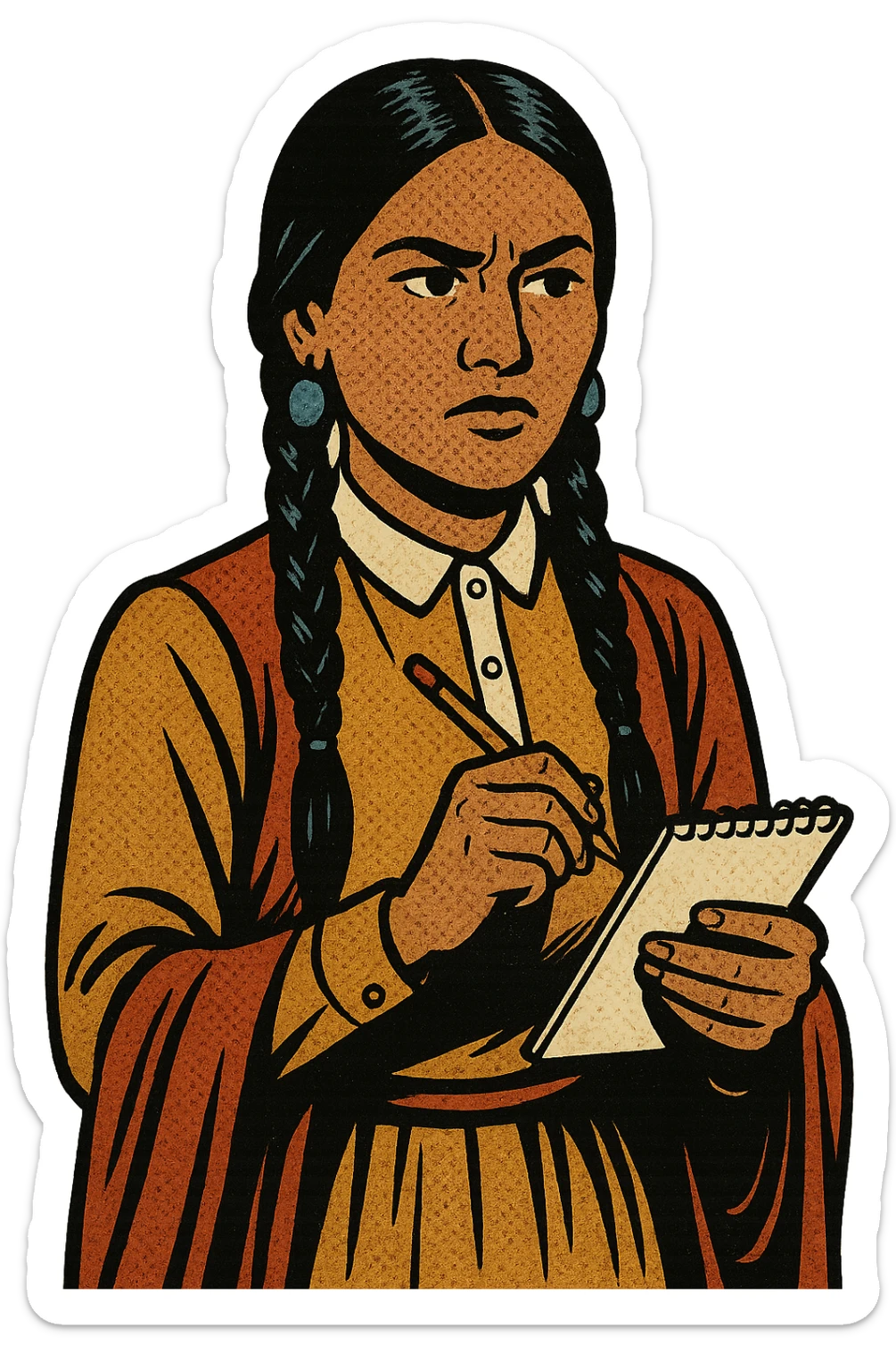 A young native American woman from the 1880s who is partly dressed in american style clothing.  She is holding a note pad and pencil looking serious sticker