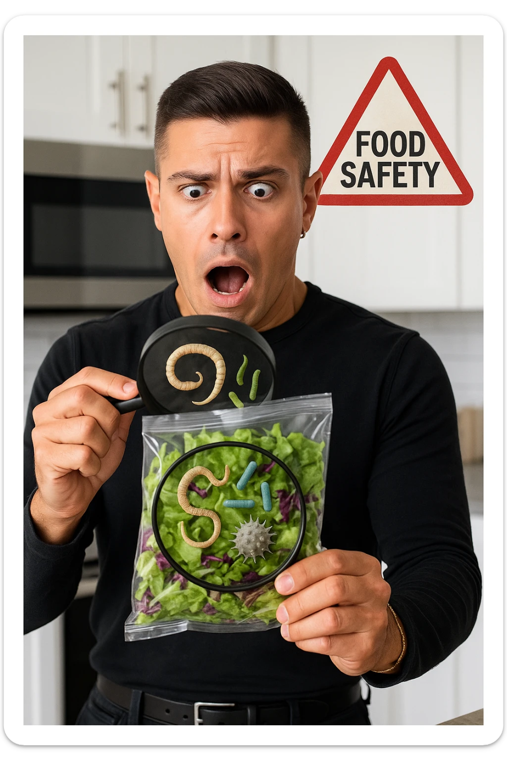 a man holds a bag of salad with both hands, his face frozen in shock as he looks at the contents. Inside the bag, exaggerated but realistic depictions of parasites and bacteria are visible, some highlighted with a magnifying glass overlay. The background is a clean kitchen, and a warning sign appears in the corner to reinforce the message about food safety. sticker