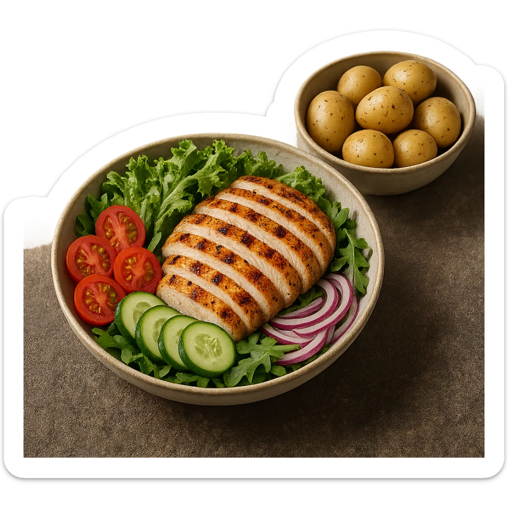 insalate con petto di pollo grigliato e bowl di patate cotte poggiate per terra, iperrealistico 4k sticker