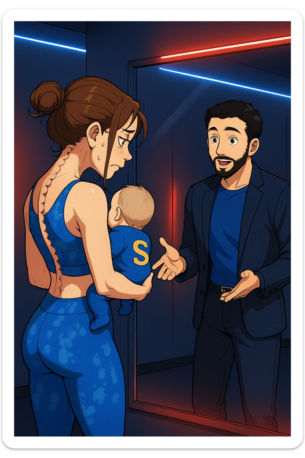 ispirati a questo stile di disegno e fai questa immagine in versione manga/webtoon a colori, il manga mostra la donna che si guarda alla specchio preoccupata di profilo con la postura sbagliata e incurvata, spalle chiuse e curve in avanti, con un neonato in braccio con una tutina azzurra e la scritta "S" sulla schiena, spina dorsale storta della donna in evidenza mentre al suo fianco anche l'uomo guarda la donna riflessa nello specchio e le spiega una cosa, ma non fare i fumetti, fai come se stessero parlando sticker