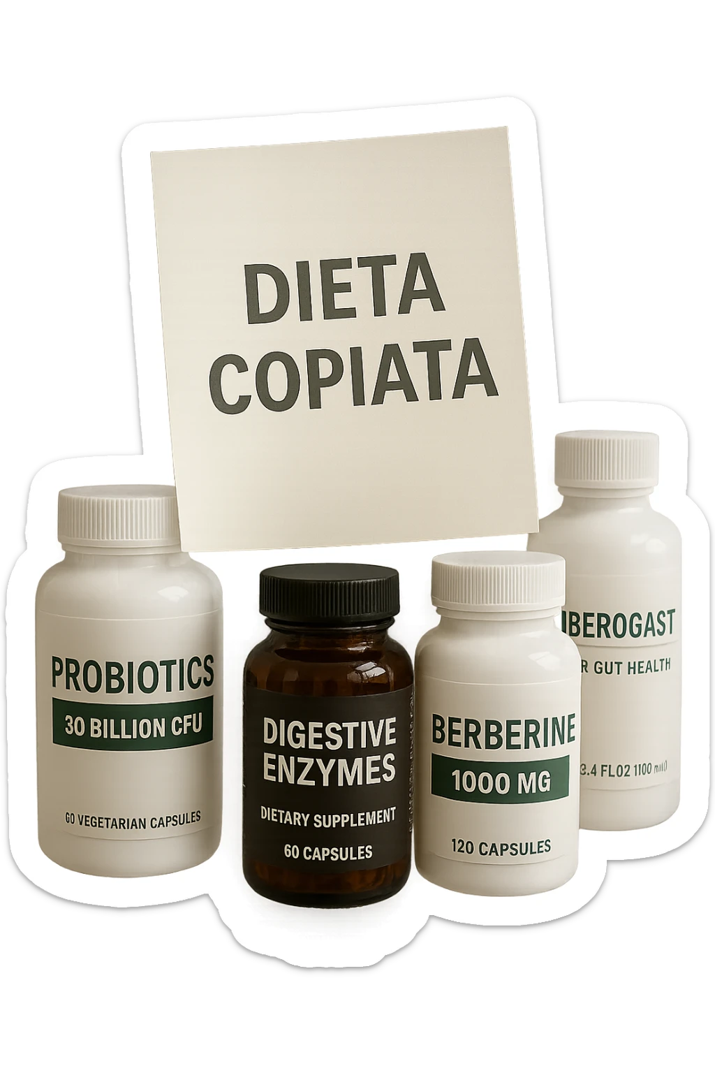 FOGLIO DI CARTA FLUTTUA IN ARIA CON LA SCRITTA "DIETA COPIATA", INSIEME A BARATTOLI DI INTEGRATORI PER CURARE IL SIBO IN ITALIANO, IPERREALISTICO 4K, NON DISEGNATO sticker