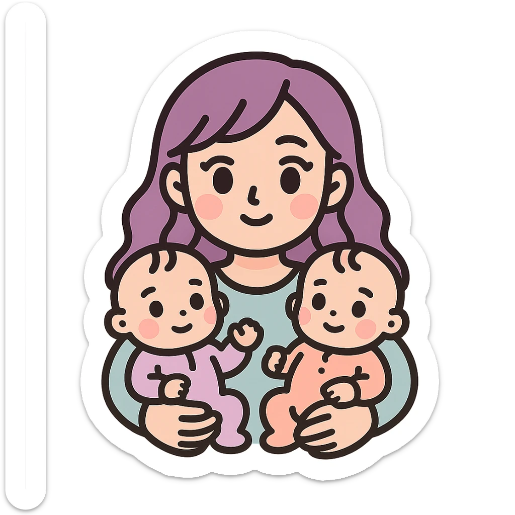 young woman with long wavy hair and big eyes holding two babies in bodysuits, icon-color-outlined style, expressive facial features, detailed shadows and highlights, thin clean contours, soft rounded shapes, pastel palette #98B5BC, #B5B3C1, #C9A3C9, #E4C0CA, #F7DCD1, #F7C0AA, modern Japanese pop art and sticker aesthetic, soft lighting, transparent background sticker