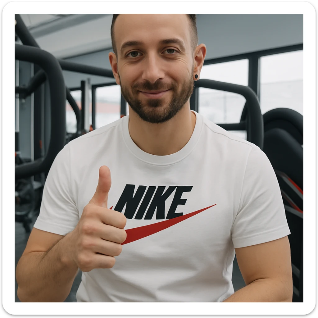 The man in the photo is making the OK gesture with his thumb up, showing a relaxed expression, in a gym environment, photorealistic style. sticker