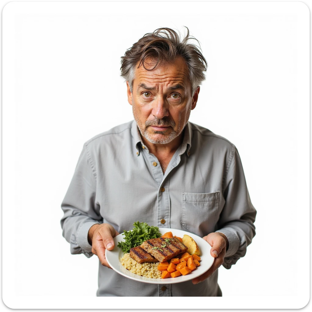 realistic man, marked face and dull hair, plate with only lean foods, worried expression, caption in Italian: “No grassi salutari: rischio per estetica e salute”, isolated on white background sticker