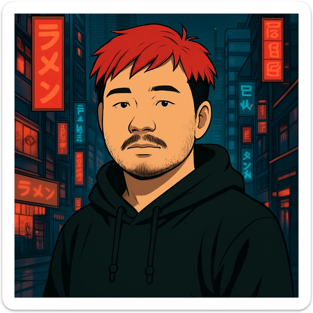 Asian man with a bit round face, less mustache, and a bit of beard, red hair, black hoodie, Japanese cyberpunk anime style, futuristic city background sticker