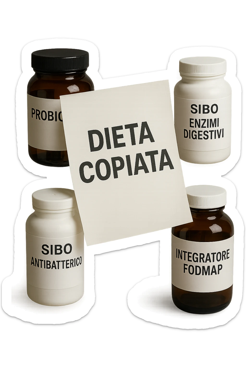 FOGLIO DI CARTA FLUTTUA IN ARIA CON LA SCRITTA "DIETA COPIATA", INSIEME A BARATTOLI DI INTEGRATORI PER CURARE IL SIBO IN ITALIANO, IPERREALISTICO 4K, NON DISEGNATO sticker
