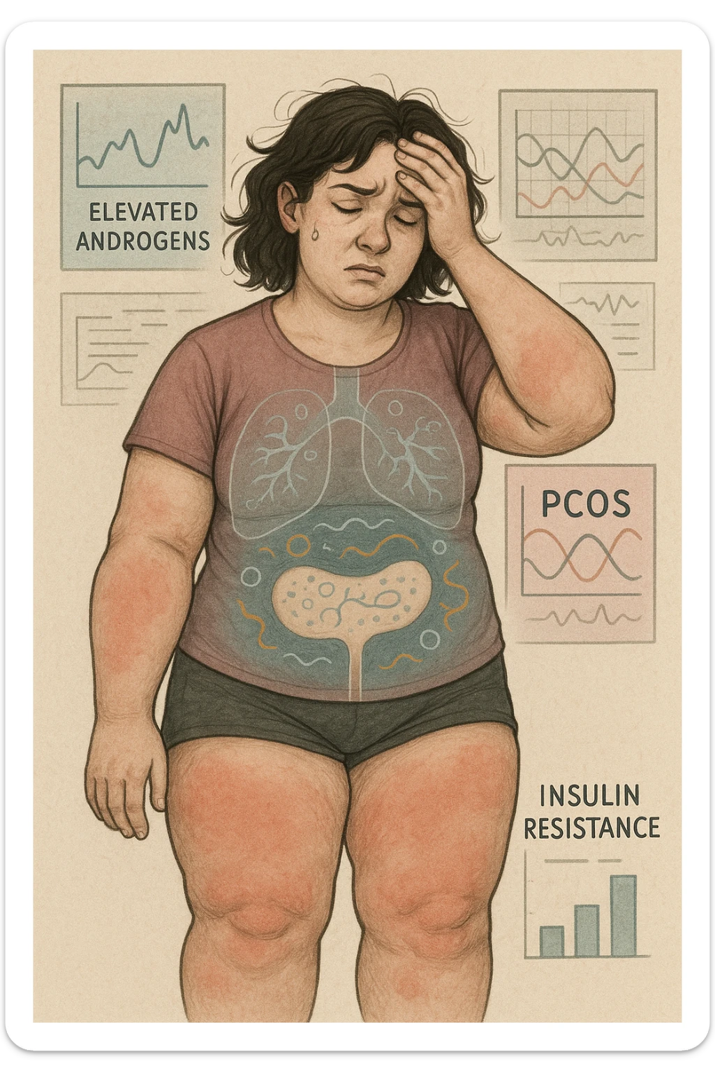 Woman with PCOS struggling with hormonal chaos, transparent overlay showing elevated androgens and insulin resistance affecting her body, lipedema causing disproportionate fat accumulation in legs and arms despite normal torso, expression of frustration with unexplained weight gain, medical charts showing complex endocrine dysfunction, painful swollen limbs contrasting with metabolic confusion sticker