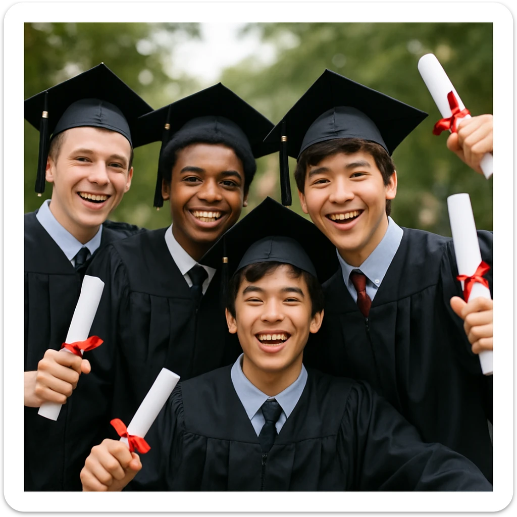 a group of happy 16-year-old young men celebrating graduation, wearing caps and gowns, smiling and joyful sticker