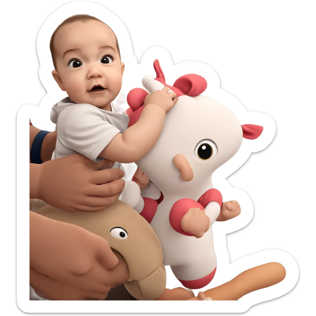 curious baby with stuffed toy sticker