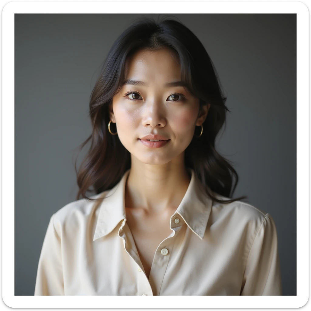 photorealistic upper-body portrait of a modern Korean woman, age 25-35, refined premium look, appreciates finest ingredients and art of coffee and dessert pairing, serene upscale appearance, minimal background sticker