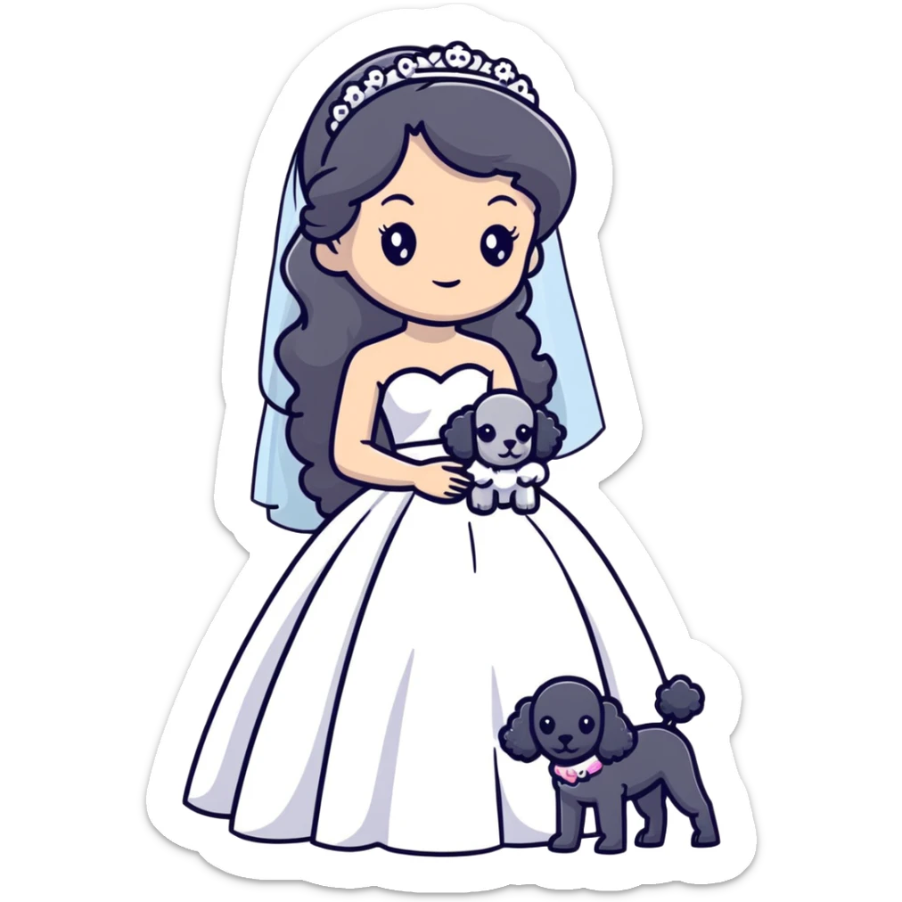 A beautiful girl with long black hair in a wedding dress holds a small gray poodle sticker