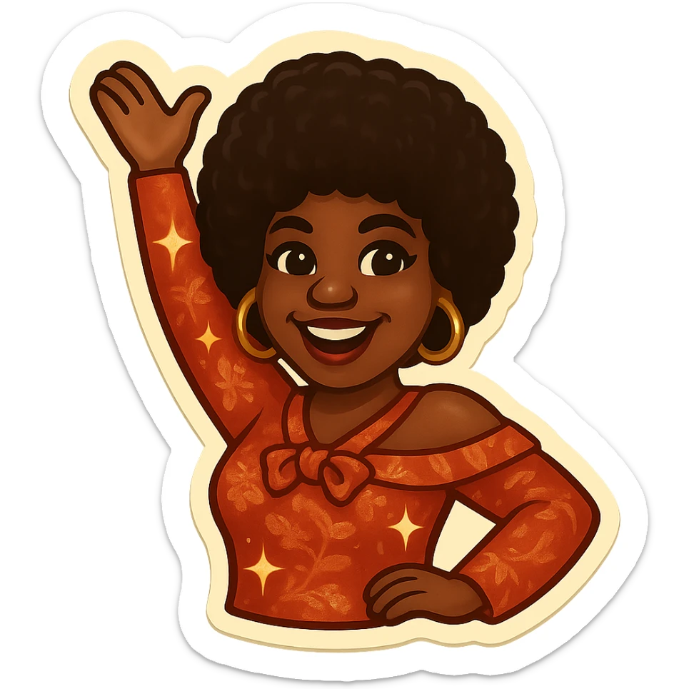 Create an emoji of a female African American in 1970s disco style with a pose with one arm raised, joyful expression, afro hairstyle, and a sparkling disco outfit inspired by the reference. sticker