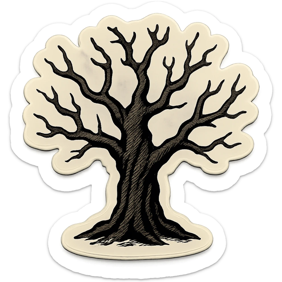 gloomy tree with branches, contour style, sharp black lines, clear shadows and highlights, no gradients, retro stickers style sticker