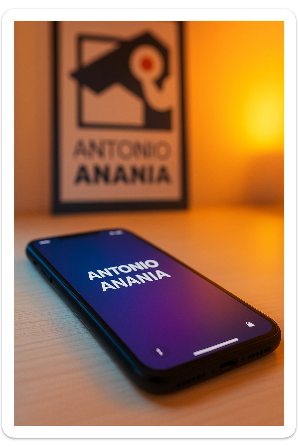 A photo of an iPhone on the desk with the message "Antonio Anania" on its screen, The phone sits atop a desk with a blurred background that suggests work environment. A faint glow from above casts gentle shadows across the surface of each object, creating depth and highlighting their textures sticker
