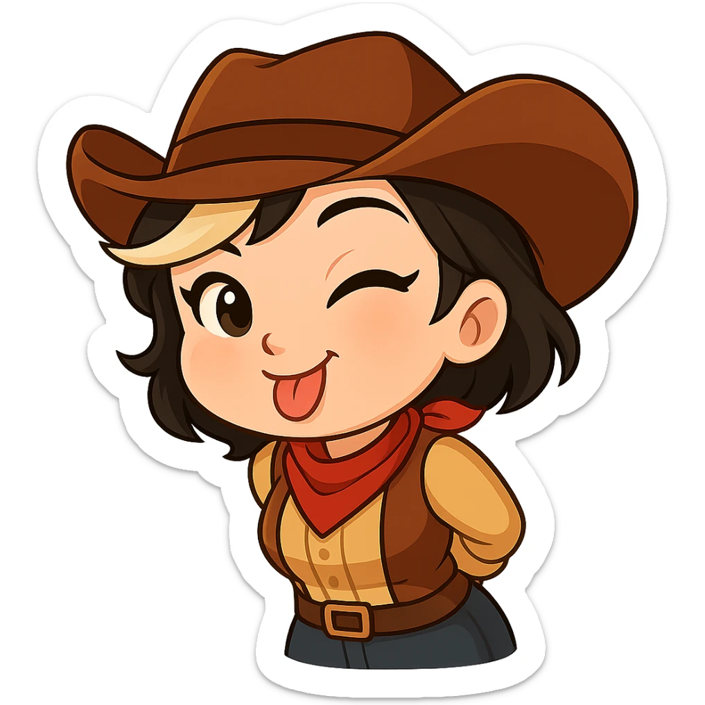 Sexy chibi cowgirl with short hair and a blonde streak, wearing a cowboy hat and western outfit, no guns. Chibi/anime style, transparent background, sized for Twitch or Discord use. Pose: leaning forward with hands behind back, playful wink and tongue out. sticker
