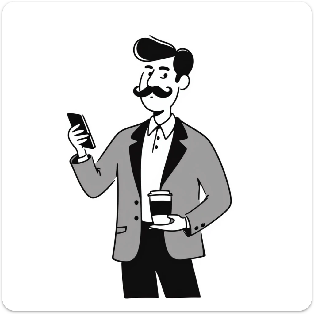 Wall Street finance bro with ridiculous oversized mustache, wearing expensive suit, holding phone and coffee sticker