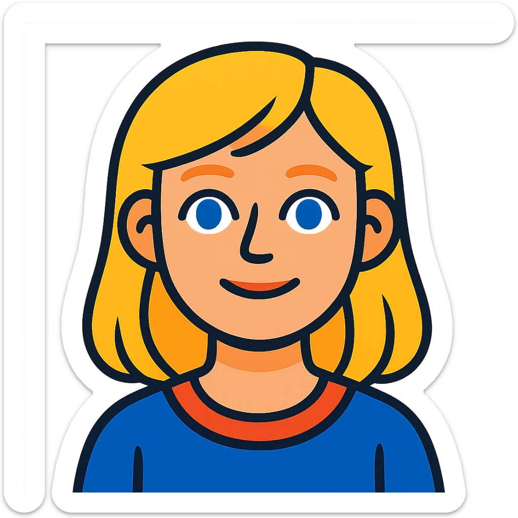 avatar of a 15-year-old girl, blonde hair, blue eyes, thin lips, round face, colorful cartoon style sticker