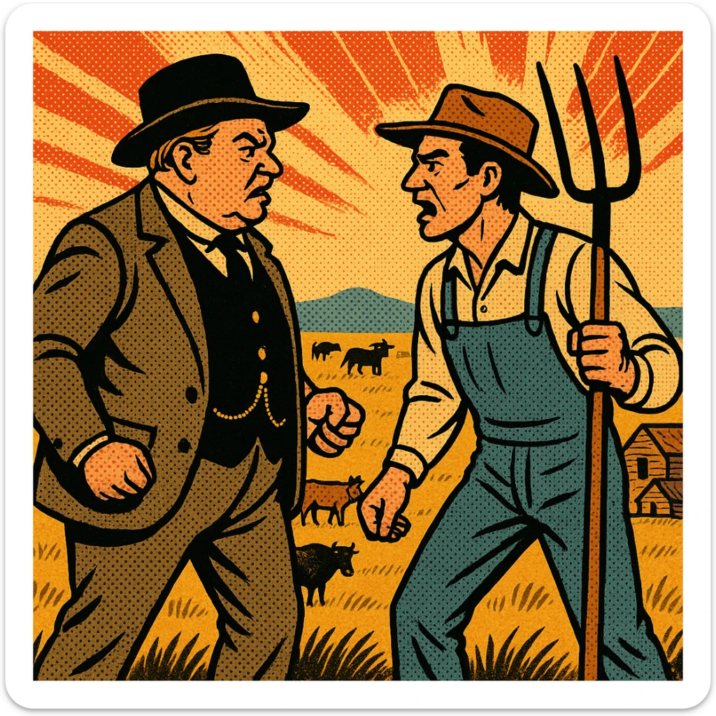 The full body of a wealthy cattle baron from the 1870s American West in an argument facing a homestead settler holding his pitch fork.  In the background is the Great Plains with cattle and horses sticker