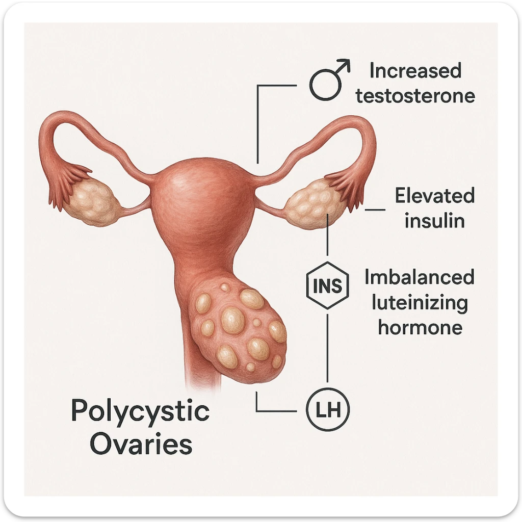 realistic illustration of polycystic ovaries with lines connecting to hormone symbols, explanatory captions, educational style, white background sticker