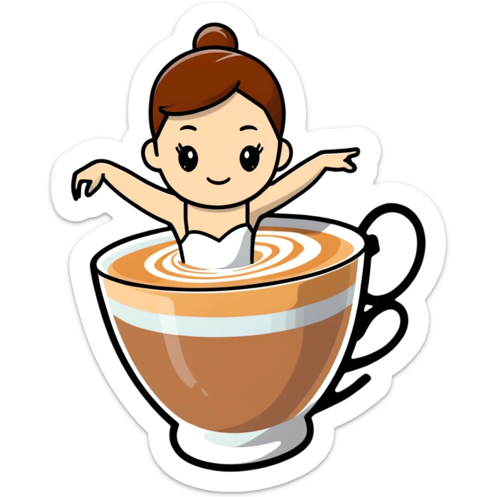 A cute cappuccino cup with a ballerina figure made of foam dancing on the surface sticker