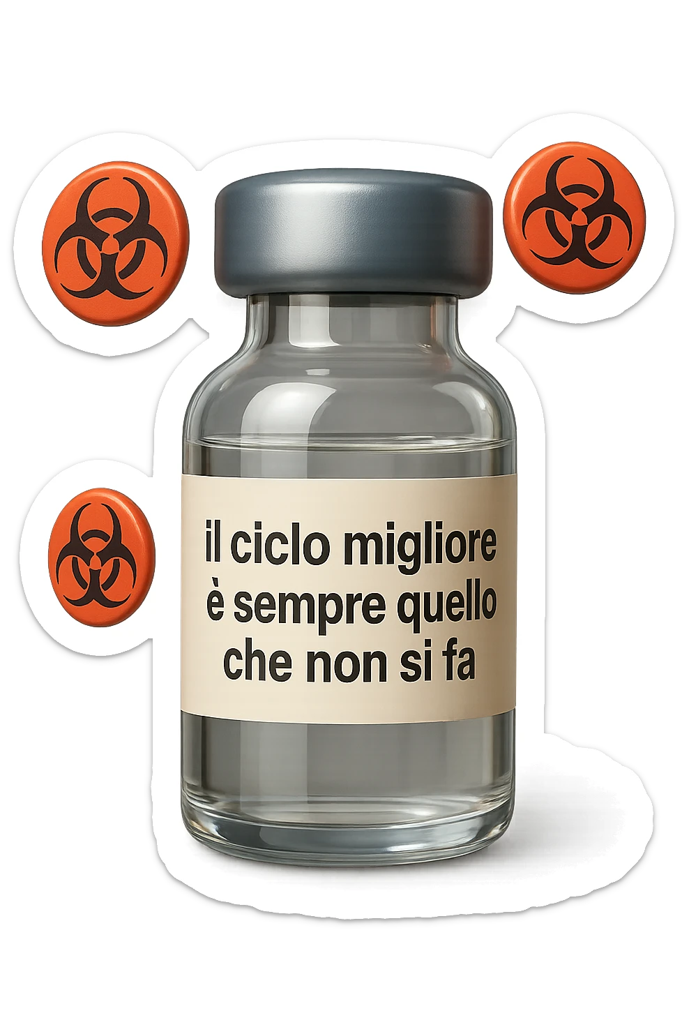 SU QUESTO STILE FAI UN EMOJI STILE IPHONE 3D DI UNa boccetta di fiala medica attorno alla quale fluttuano segnali di pericolo, sull'etichetta della boccetta c'è scritto "il ciclo migliore è sempre quello che non si fa", FALLO MOLTO REALISTICO IN 3D sticker