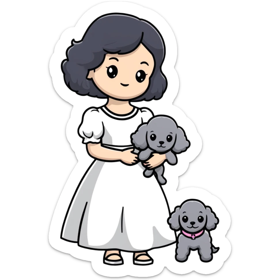 beautiful girl with long black hair in a white dress holding a small gray poodle sticker