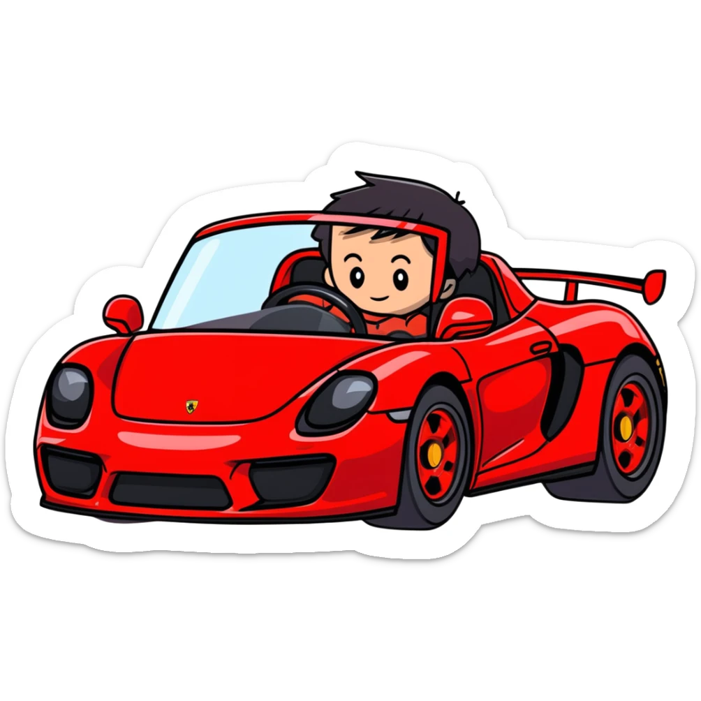 young gamer boy with black hair driving a Red Porsche carrera GT sticker