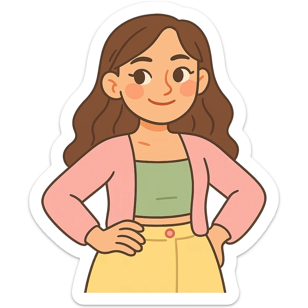 girl with clear skin, bright eyes, healthy hair, warm confident smile, soft girl aesthetic, pastel colors, gentle makeup, coordinated outfit sticker