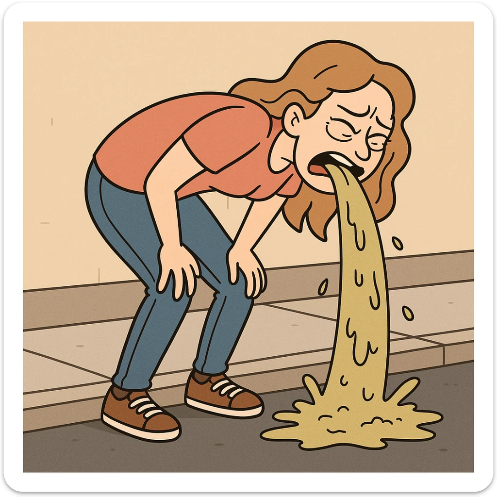 cartoon style woman hunched over vomiting on the street, casual clothes, distressed expression sticker