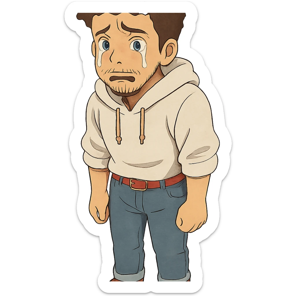 1 male, mid fade haircut dark chestnut brown curly hair, toasted lightskin, white hoodie sleeves up, fashion jeans, red fashion-sneakers shoes, red belt, short trimmed beard and goatee,  style of deku from "my hero academia", FACIAL EXPRESSION IS VERY SAD, TEARS WELLING UP sticker