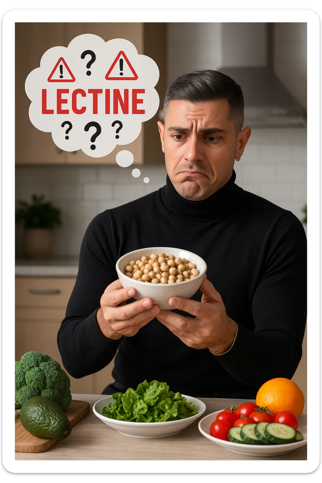 un uomo in cucina tiene in mano una ciotola di legumi (come fagioli o ceci) e li osserva con un’espressione dubbiosa e leggermente preoccupata. Sopra la ciotola, una nuvoletta di pensiero mostra la parola “Lectine” evidenziata in rosso, insieme a simboli di allarme o punti interrogativi. Sullo sfondo, altri alimenti salutari sono visibili sul tavolo, sottolineando il suo scetticismo verso i legumi. sticker
