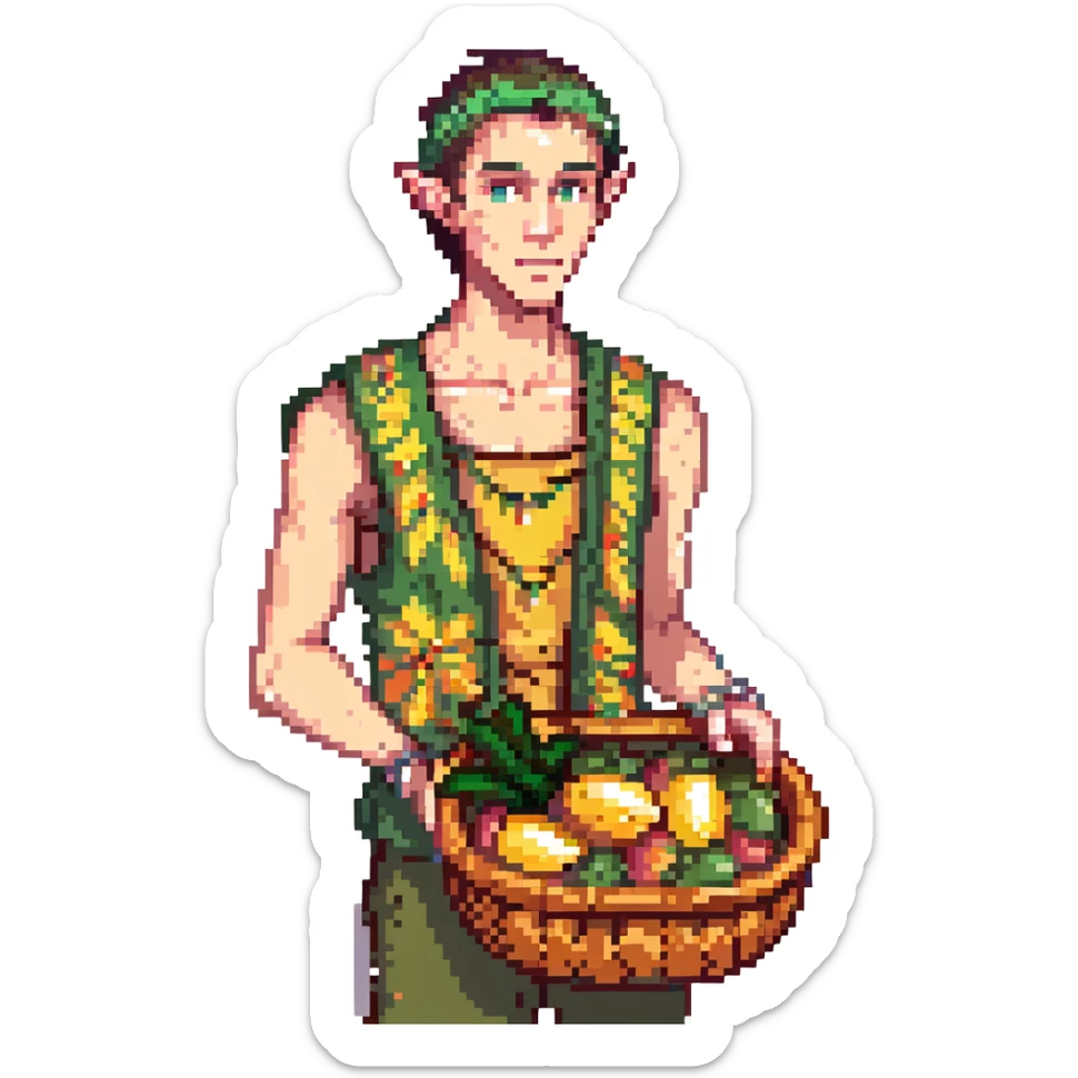 elf male Sleeveless vest with palm-leaf print, basket of exotic fruits (mango/lychee), sunburned nose. sticker