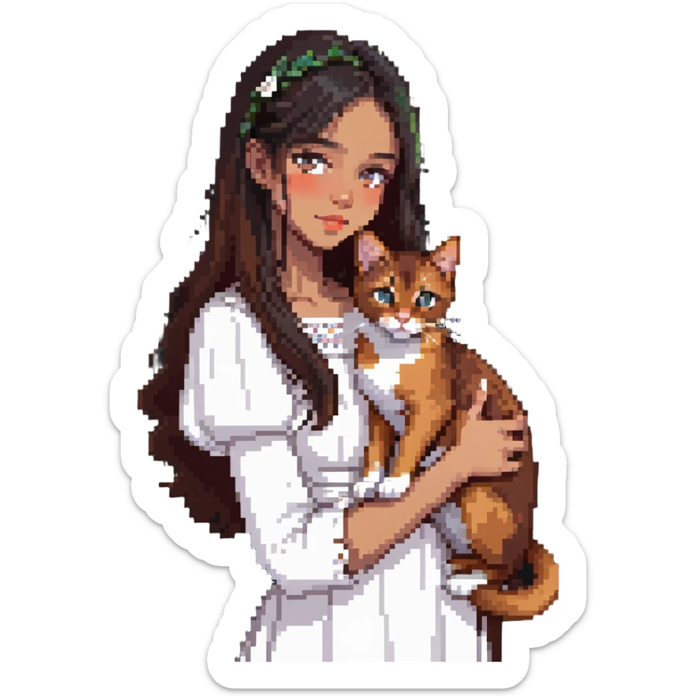 beautiful girl with long black hair wearing a white dress holding an Abyssinian cat with reddish-brown fur in her arms sticker