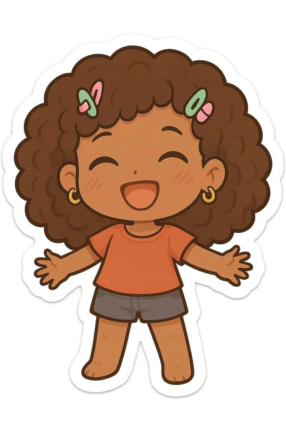 Add cute hair clips and small hoop earrings to the chibi style character, with no background. sticker